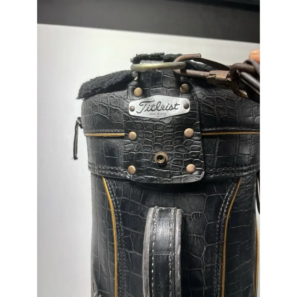 Vintage Titleist Leather Golf Bag Black Faux Alligator Carry Bag Rain Cover USA